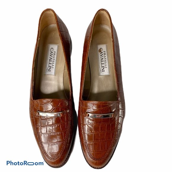 Fratelli Cavallini Womens Shoes 10M Brown Loafers Croc Print Leather NWOT - Picture 2 of 9